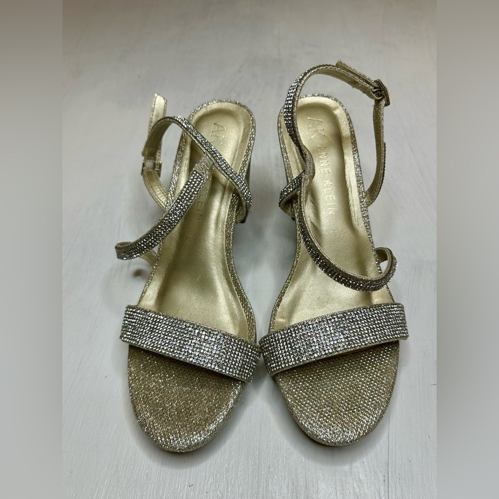 Anne Klein Gold Rhinestone Block Heel Sandals 7.5 M Ankle Strap Dress Shoes - Picture 2 of 11